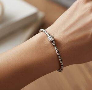 PANDORA Single Wrap Leather Braided Bracelet S 925 ALE Silver Authentic + Pouch